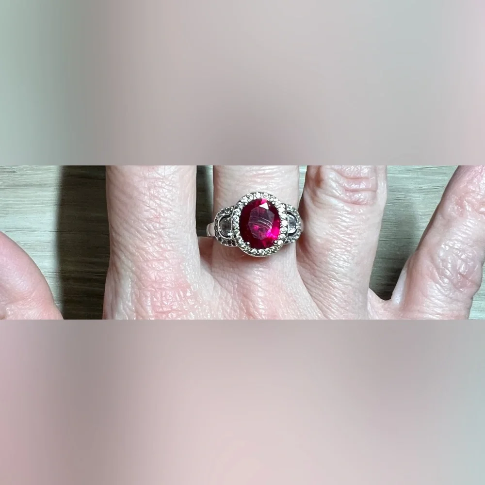 Designer Signed FE Sterling Silver Red & Clear Cubic Zirconia Halo Ring, Size 7 - Picture 9 of 11
